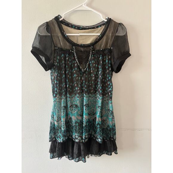 Unbranded Tops - Womens Y2K Sheer Top Size Small Black Fairy Grunge Whimsigoth Boho Floral